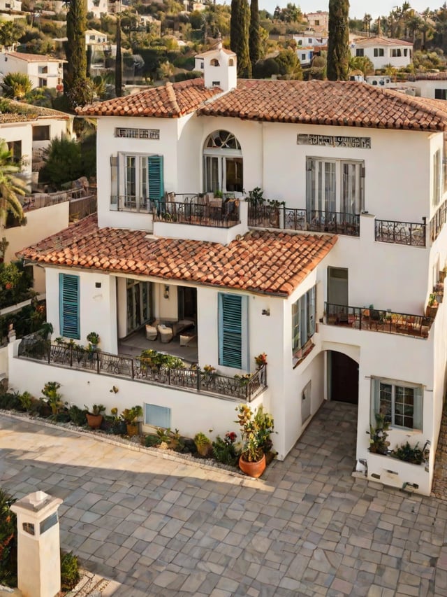 A large white Mediterranean house with a red roof and a garden in front of it. The house has a balcony on the second floor and a terrace on the first floor. The garden is filled with potted plants and flowers, creating a beautiful and inviting atmosphere. The house is situated on a hill, overlooking the surrounding area.