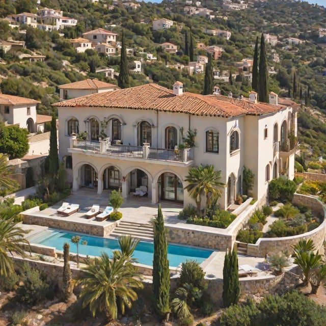 A large Mediterranean-style house with a beautiful garden and swimming pool. The house is surrounded by lush greenery and has a stunning view of the surrounding hills.