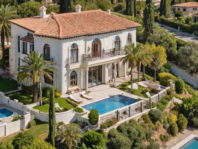 A large Mediterranean-style house with a beautiful garden and a swimming pool. The house is surrounded by palm trees and has a red tile roof.