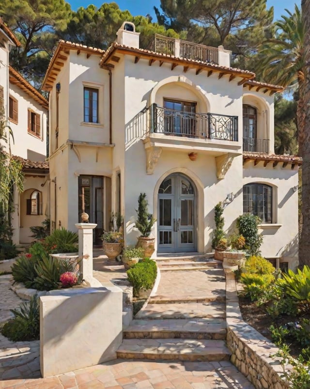 A Mediterranean-style house with a white exterior and a large front porch. The porch is adorned with potted plants and vases, creating a welcoming atmosphere. The house is situated on a hillside, overlooking a beautiful garden with palm trees and a staircase leading up to the entrance.