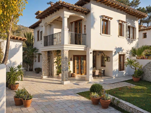 A white Mediterranean house with a garden and potted plants in front of it.