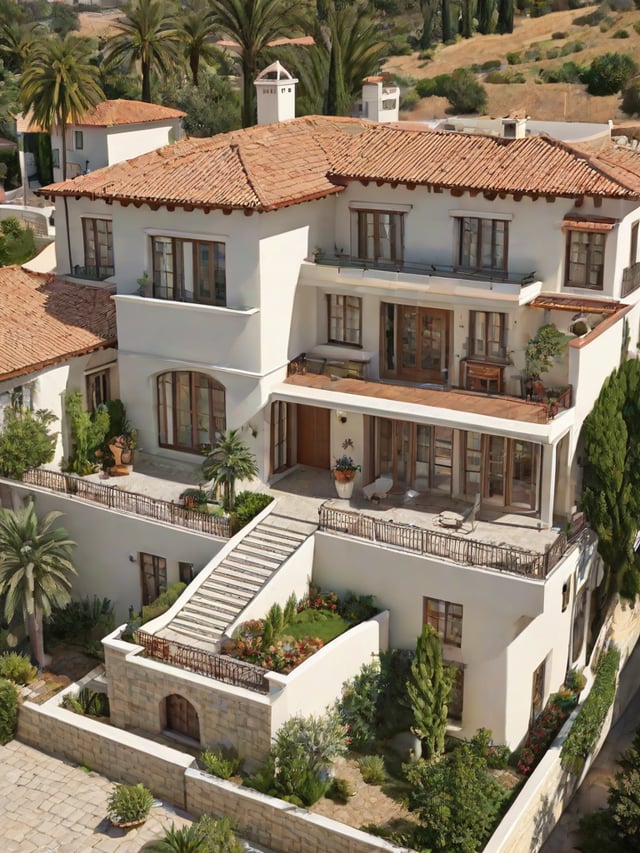 A Mediterranean style house with a beautiful garden and a staircase leading up to the entrance. The house has a red tile roof and is surrounded by palm trees. The garden is well-maintained and features a variety of potted plants and flowers. The staircase is adorned with a few potted plants, adding to the overall charm of the scene.