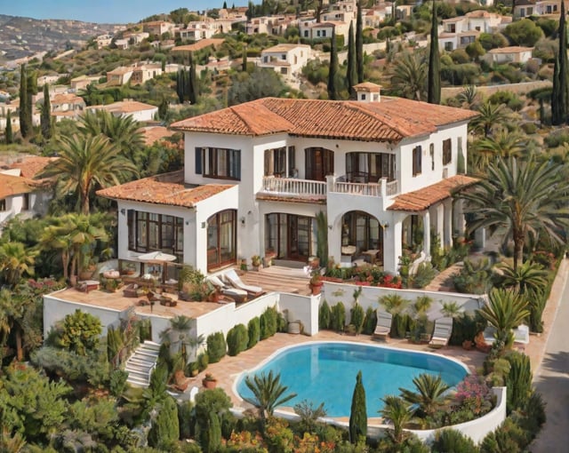 A large white Mediterranean house with a swimming pool and a beautiful garden. The house has a red tile roof and is surrounded by palm trees. The garden is well-maintained with a variety of plants and flowers, creating a serene and inviting atmosphere. The house is situated on a hill overlooking the surrounding area, providing a stunning view of the landscape.