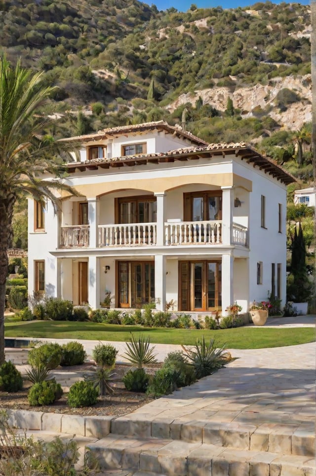 A large white Mediterranean house with a garden and a walkway leading to the front door. The house has a balcony and is surrounded by greenery and potted plants.