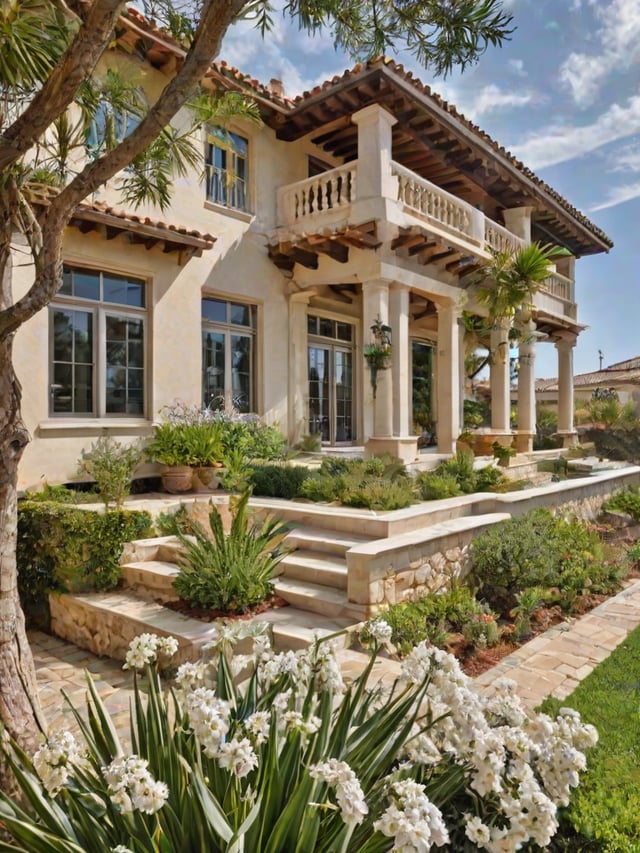 Mediterranean house with garden and white staircase