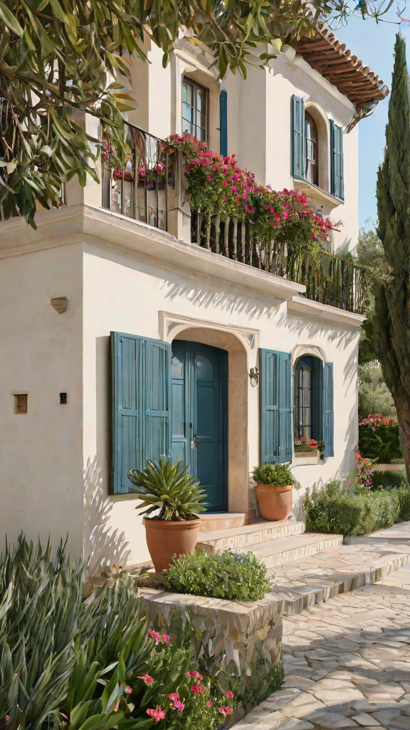 Mediterranean-style house with a garden and a blue door. The house is adorned with potted plants and flowers.