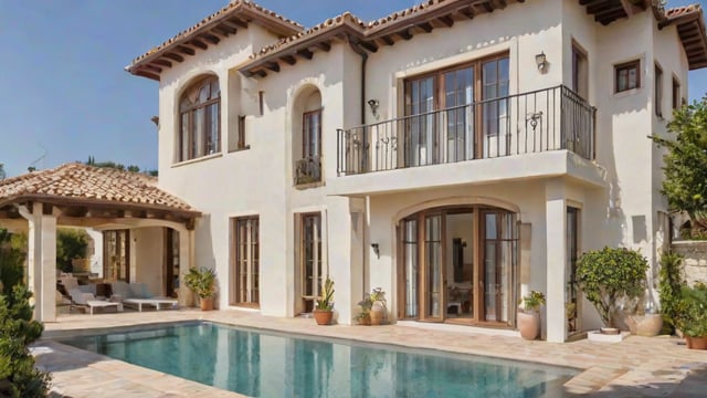 Mediterranean-style house with a swimming pool and potted plants