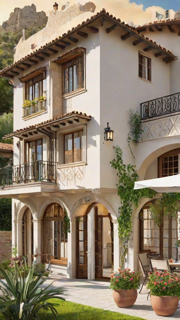 A large white Mediterranean house with a garden and balcony. A vine is growing up the side of the house and there is a chair on the balcony.