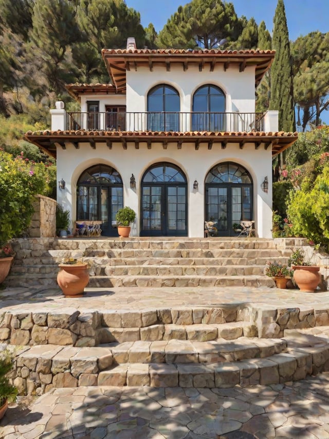 A Mediterranean house with a garden and a stone staircase. The house has a white exterior with a brown roof and features a large patio with a sitting area. The garden is well-maintained with potted plants and flowers, creating a serene and inviting atmosphere.