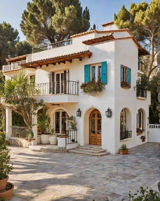 A Mediterranean-style house with a garden and a white facade.