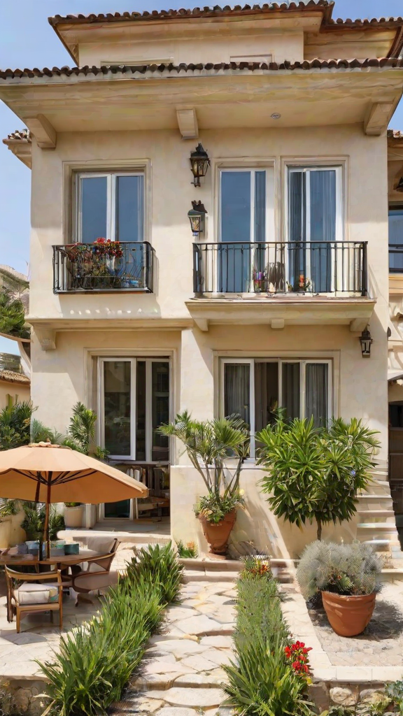 Mediterranean-style house with a garden and a balcony. The balcony has a black railing and is adorned with potted plants. The house has a large window on the first floor and a smaller window on the second floor. The garden features a variety of potted plants and a bench. The scene is set in a sunny day, with the sun shining on the house and the plants. The image is taken from the ground level, providing a view of the house and the garden from below.