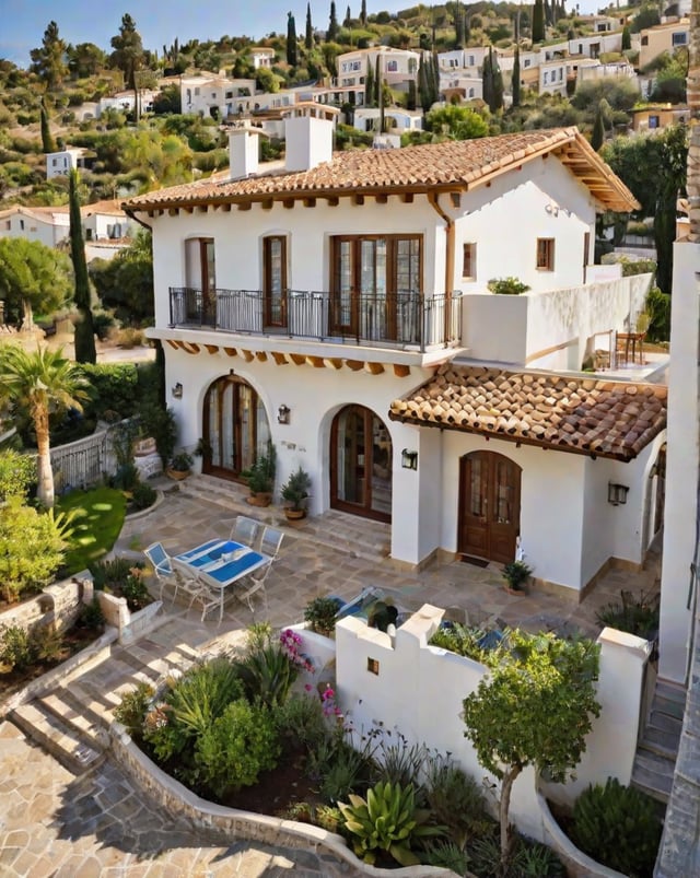 A large white Mediterranean house with a garden and patio area. The house has a red roof and is surrounded by greenery. The patio features a blue table and chairs, and a potted plant. The garden is well-maintained and adds to the overall beauty of the property.