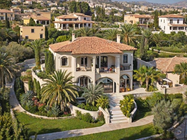 Mediterranean house with a lush garden and a large swimming pool.