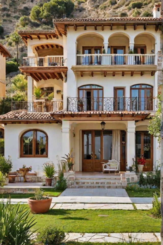 A large, white Mediterranean-style house with a garden and a patio. The house has a balcony on the second floor and is surrounded by potted plants. The garden features a variety of plants and flowers, including a large potted plant near the front door.