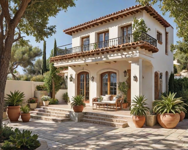 A Mediterranean style house with a garden full of plants and flowers