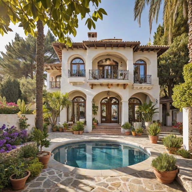 Mediterranean house with a pool in the backyard