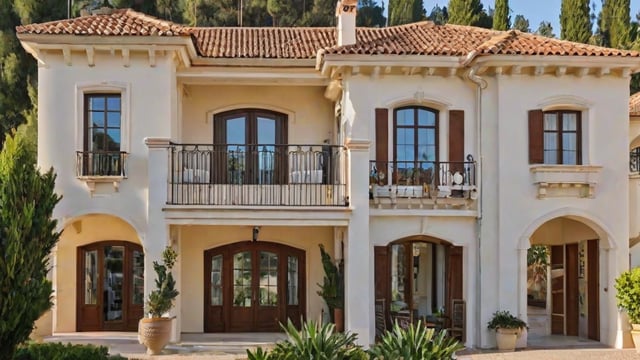 Mediterranean-style house with a white exterior, red tile roof, balcony, staircase, potted plants, and chairs on the patio.