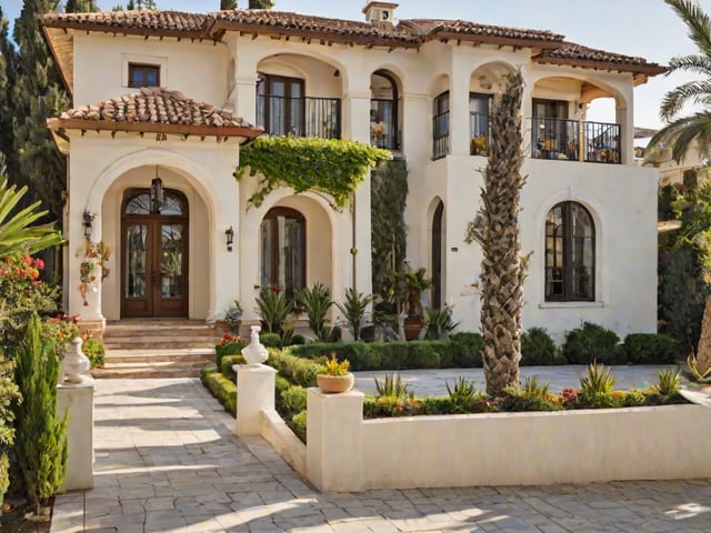 A Mediterranean style house with a garden in front. The garden is filled with greenery and potted plants, creating a serene and inviting atmosphere.