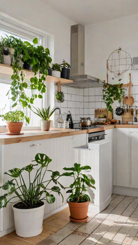 A kitchen with white cabinets and a window above the sink. The kitchen is filled with potted plants and various cooking utensils such as knives, spoons, and bowls. The countertops are made of wood and the sink is white.