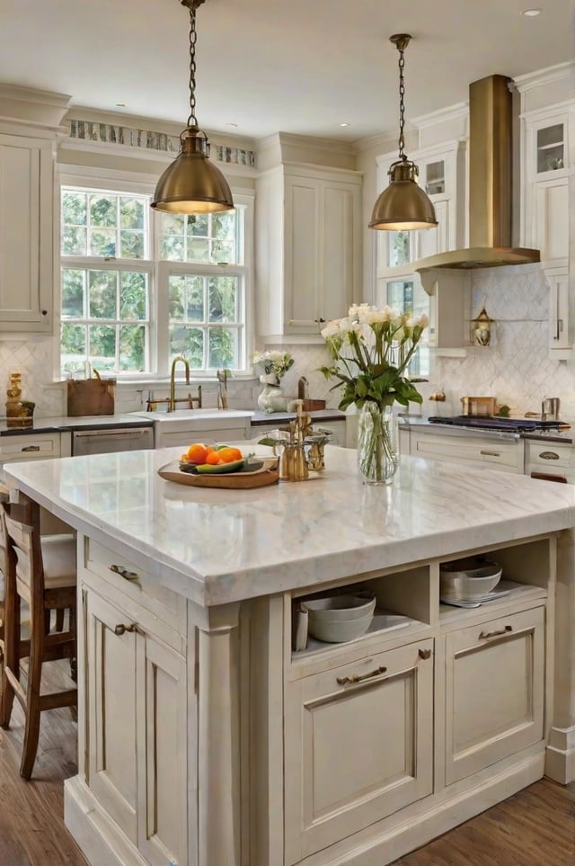 A traditional kitchen with a large island, a bowl of fruit, and a vase of flowers.