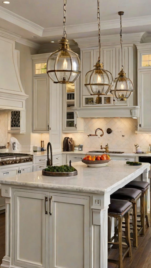 A kitchen with a center island and a bowl of fruit on top. The kitchen is white and has a traditional design. The island features a sink and a stove top oven. The lighting is dim and creates a warm atmosphere. The bowl of fruit is filled with oranges and apples, adding a pop of color to the space. The kitchen also has a dining table and chairs, making it a functional and inviting space for cooking and dining.