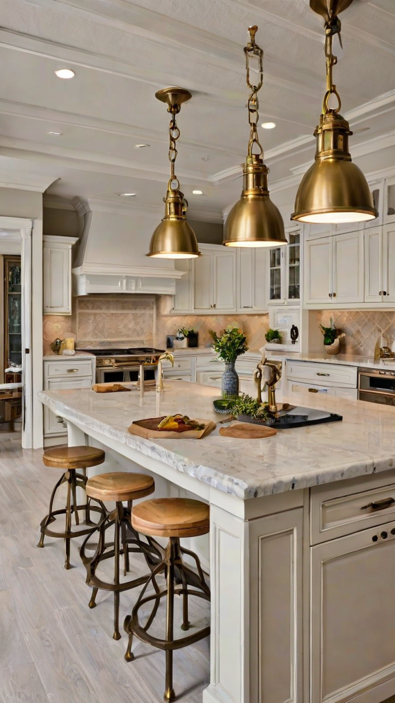 A large, white kitchen with a marble island, stools, and traditional design elements. The island is adorned with a bowl of fruit and surrounded by potted plants and vases.