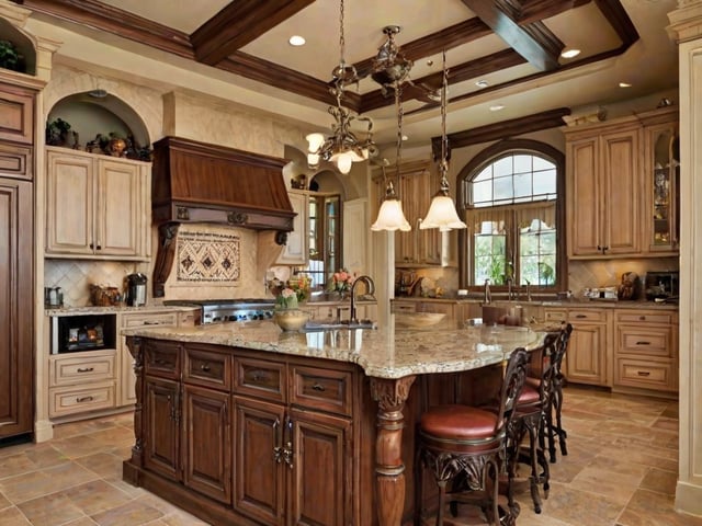 A kitchen with a center island and a sink. The island has a vase on it.