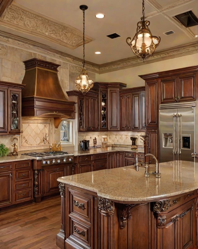 A kitchen with wooden cabinets, granite countertops, and stainless steel appliances. The kitchen features a center island with a sink and a chandelier hanging above the island.