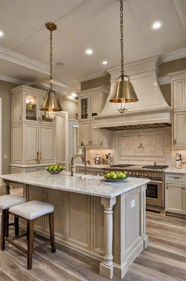 A large kitchen with a center island and a stove top oven. The kitchen is white and gray with a marble countertop. The island has a bowl of fruit on it and a sink. The kitchen is well lit with lights above the counter and hanging from the ceiling.