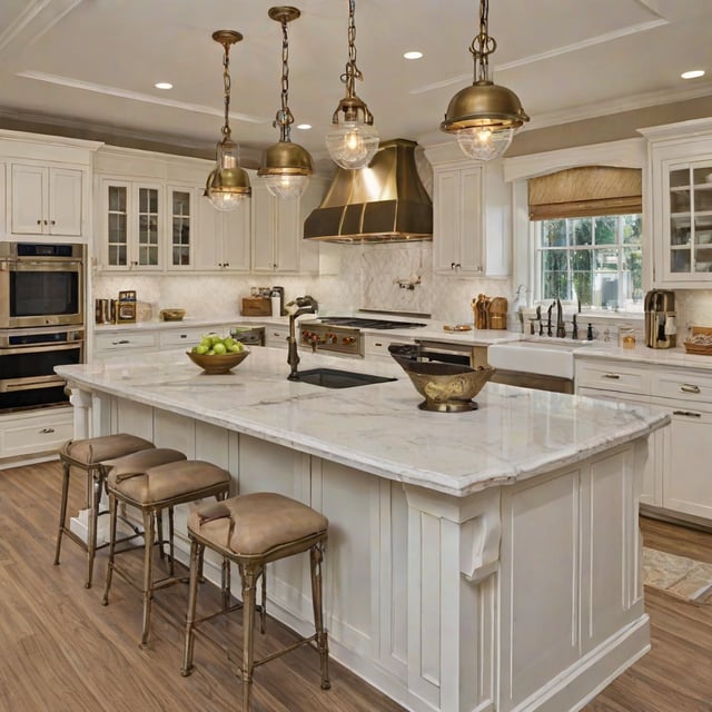 A kitchen with a center island and a breakfast bar. The island has a sink and a bowl of fruit on it.