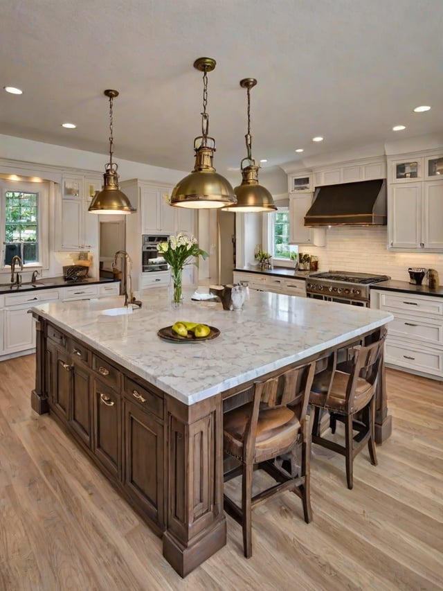 A traditional kitchen with a center island featuring a bowl of fruit and a vase of flowers.