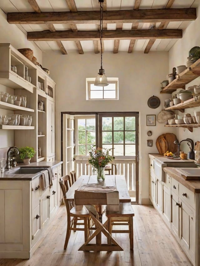 A kitchen with a wooden table and chairs, a window, and a sink. The table is set with a vase of flowers and a bowl of fruit.