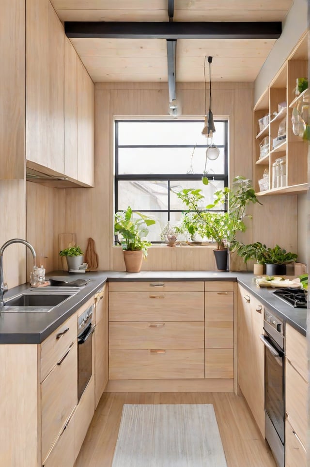 A kitchen with a window over the sink, filled with plants and decorated in a Japandi style.