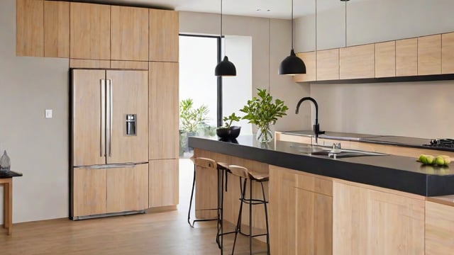 A kitchen with a sink, refrigerator, wooden cabinets, stools, and a potted plant.