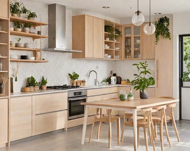 A kitchen with a wooden table and chairs, a sink, and a stove. The kitchen is decorated with potted plants and has a modern design. The table is surrounded by chairs and is located under a light fixture.