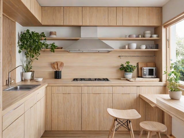 A kitchen with wooden cabinets, a stove top oven, a microwave, a sink, a dining table with chairs, and several potted plants and bowls.