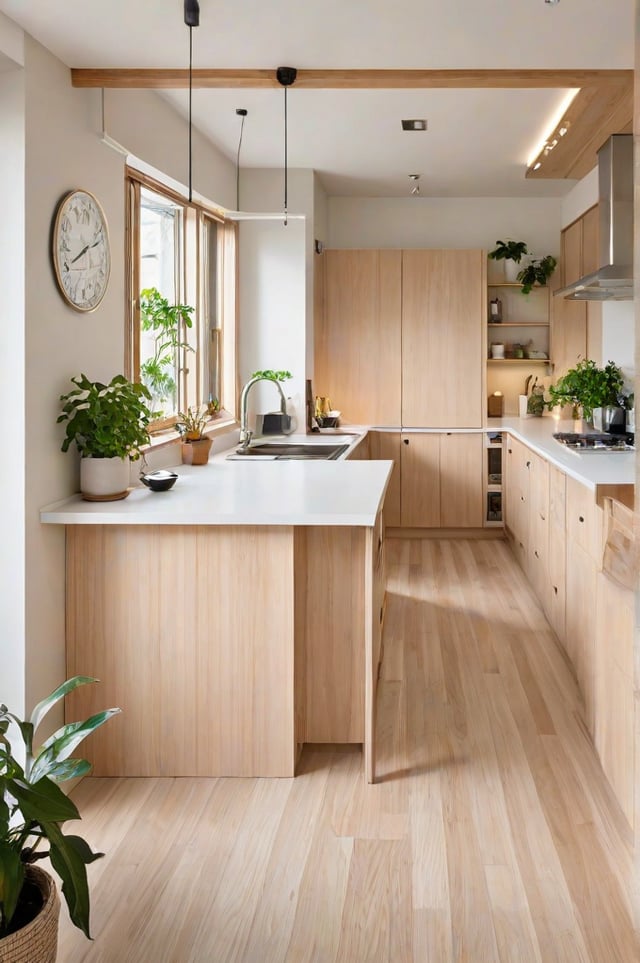 A kitchen with wooden cabinets and a large island. The island has a sink and a clock on the wall above it.