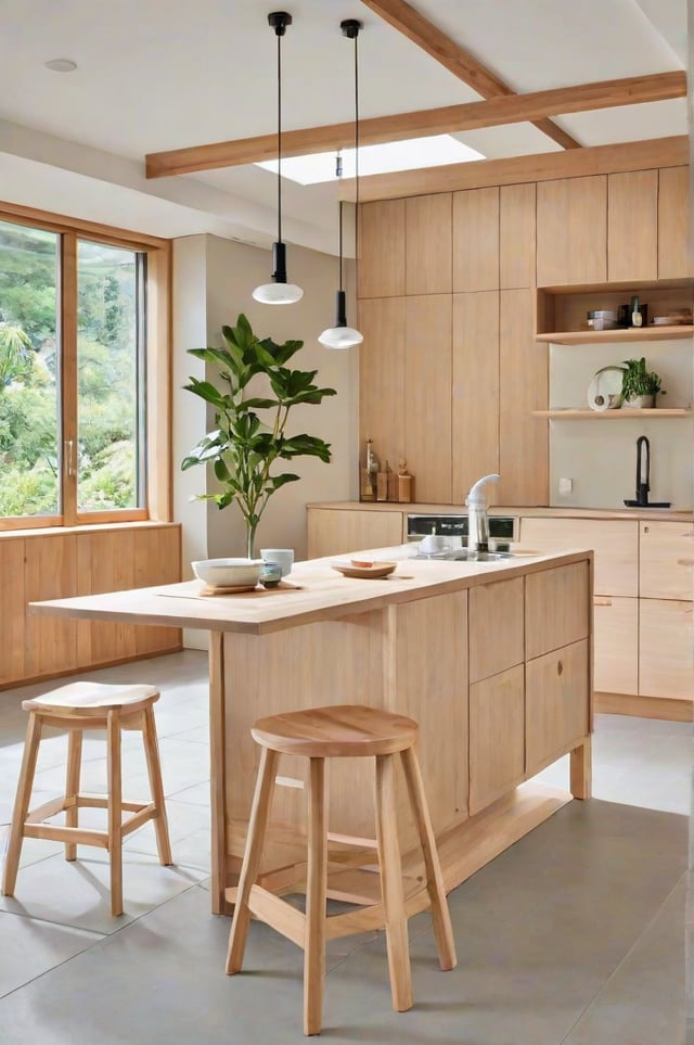 A kitchen with a center island and a potted plant on top. The island has a bowl and a vase on it. The kitchen is filled with wooden cabinets and a stove top oven. There are also two stools placed near the island.