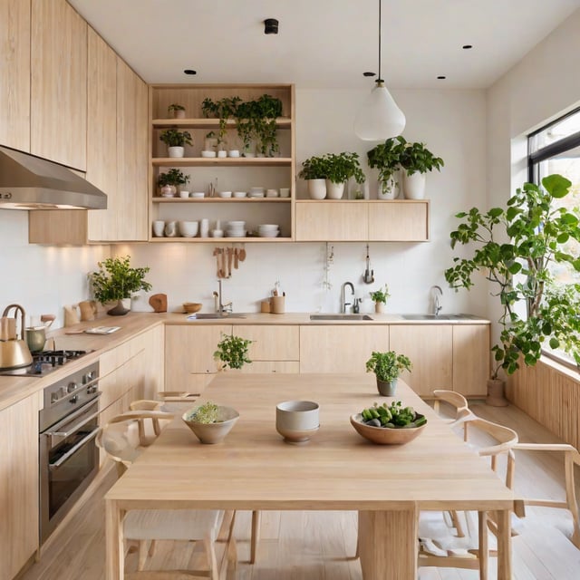 A wooden table with bowls and potted plants on it, in a kitchen with a window and a sink.