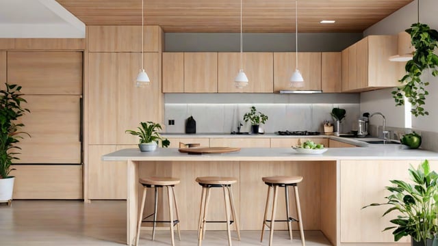 A modern kitchen with a japandi design style, featuring a large island with stools, a sink, oven, and potted plants. The island has a cutting board on top, and there are bowls and apples on the countertops.