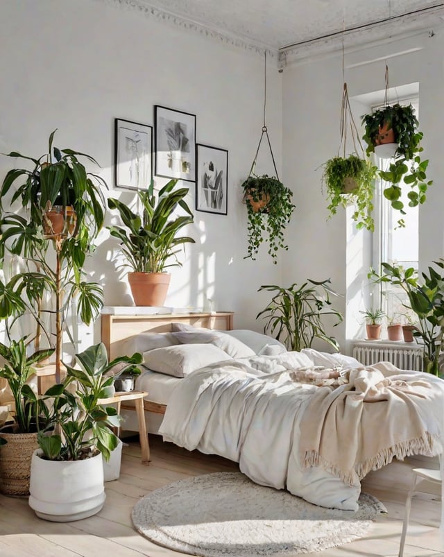 Scandinavian bedroom with a white bed and potted plants