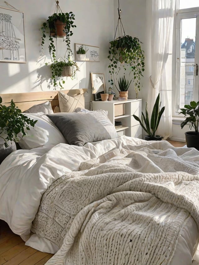 A cozy bedroom with a large bed, white bedding, and a blanket. The room also features a few potted plants.