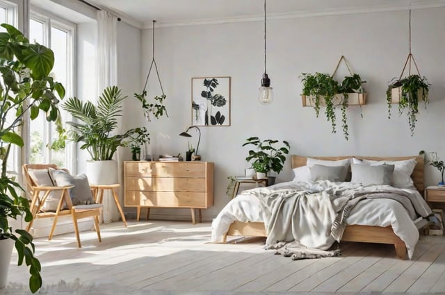 Scandinavian bedroom with a large bed, dresser, and potted plants