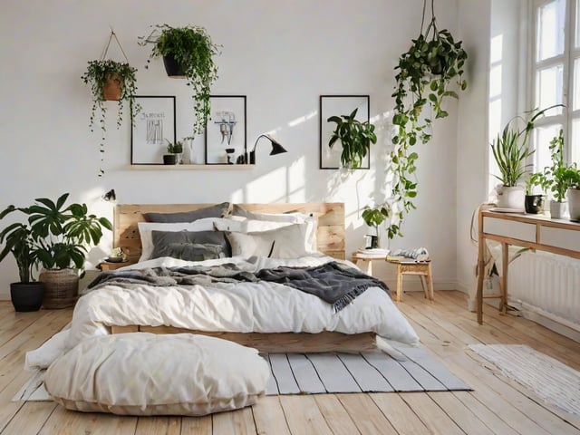 A cozy bedroom with a large bed and a rug, featuring a variety of potted plants.