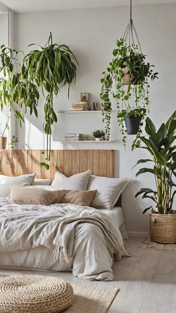 A bedroom with a bed, pillows, and potted plants hanging from the ceiling. The room has a Scandinavian design style.