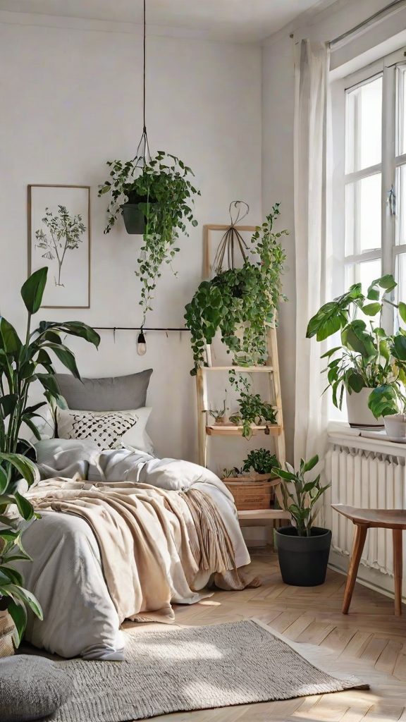 A bedroom with a bed, window, and potted plants. The plants are arranged on a shelf and a small table, creating a Scandinavian-style atmosphere.