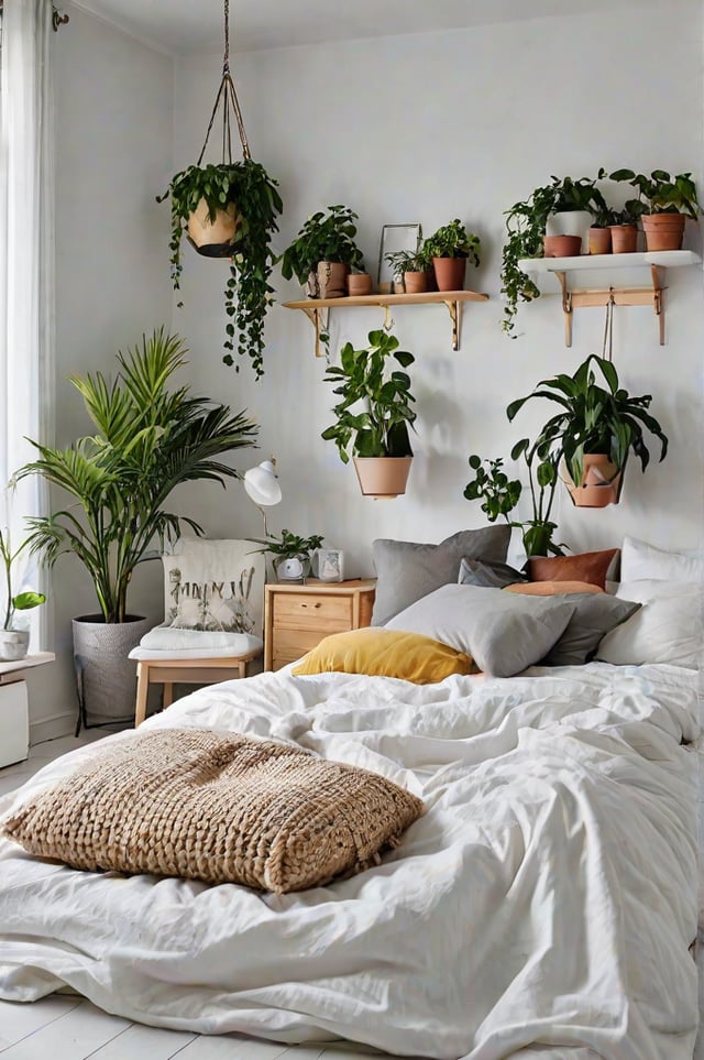 Scandinavian bedroom with a white bed and hanging plants