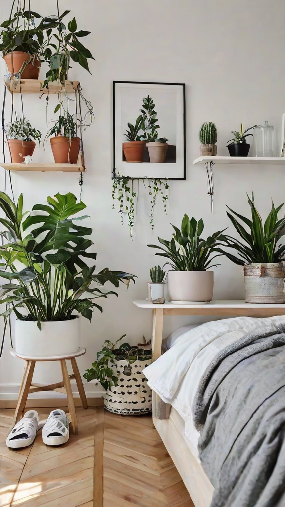 Scandinavian bedroom with a white bed and potted plants on a shelf and table