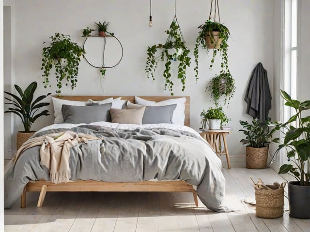 Scandinavian bedroom with a large bed, wooden headboard, and several potted plants on the walls and a table.