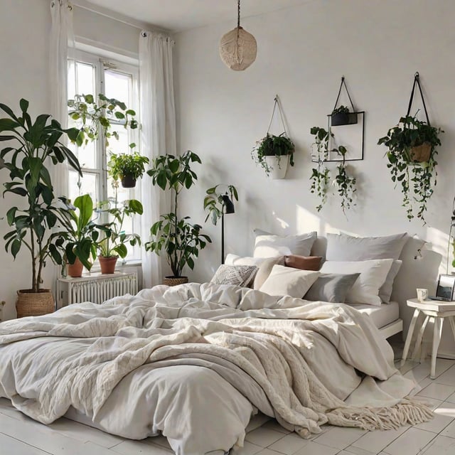 Scandinavian bedroom with a large white bed and several potted plants